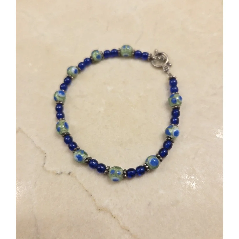 Sterling Silver & Murano Glass Bead Bracelet Toggle Clasp 7.5" - Picture 2 of 4